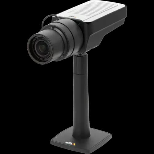 AXIS Q1635 from AXIS COMMUNICATIONS - fixed camera with WDR-Forensic Capture and Lightfinder technology. The IP camera is viewed from its left.