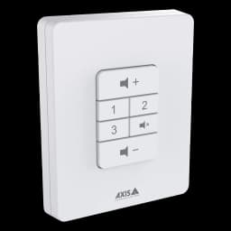 White volume controller for wall mount. C8310 is from Axis Communications - viewed from its right angle