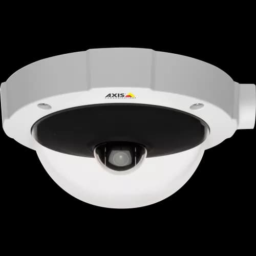 AXIS M5013-V from AXIS COMMUNICATIONS - vandal-resistant PTZ dome with Power over Ethernet. The camera is viewed from its front.