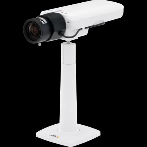AXIS P1364 from AXIS COMMUNICATIONS - IP camera in white color that has Lightfinder and WDR. The product is viewed from its left angle.